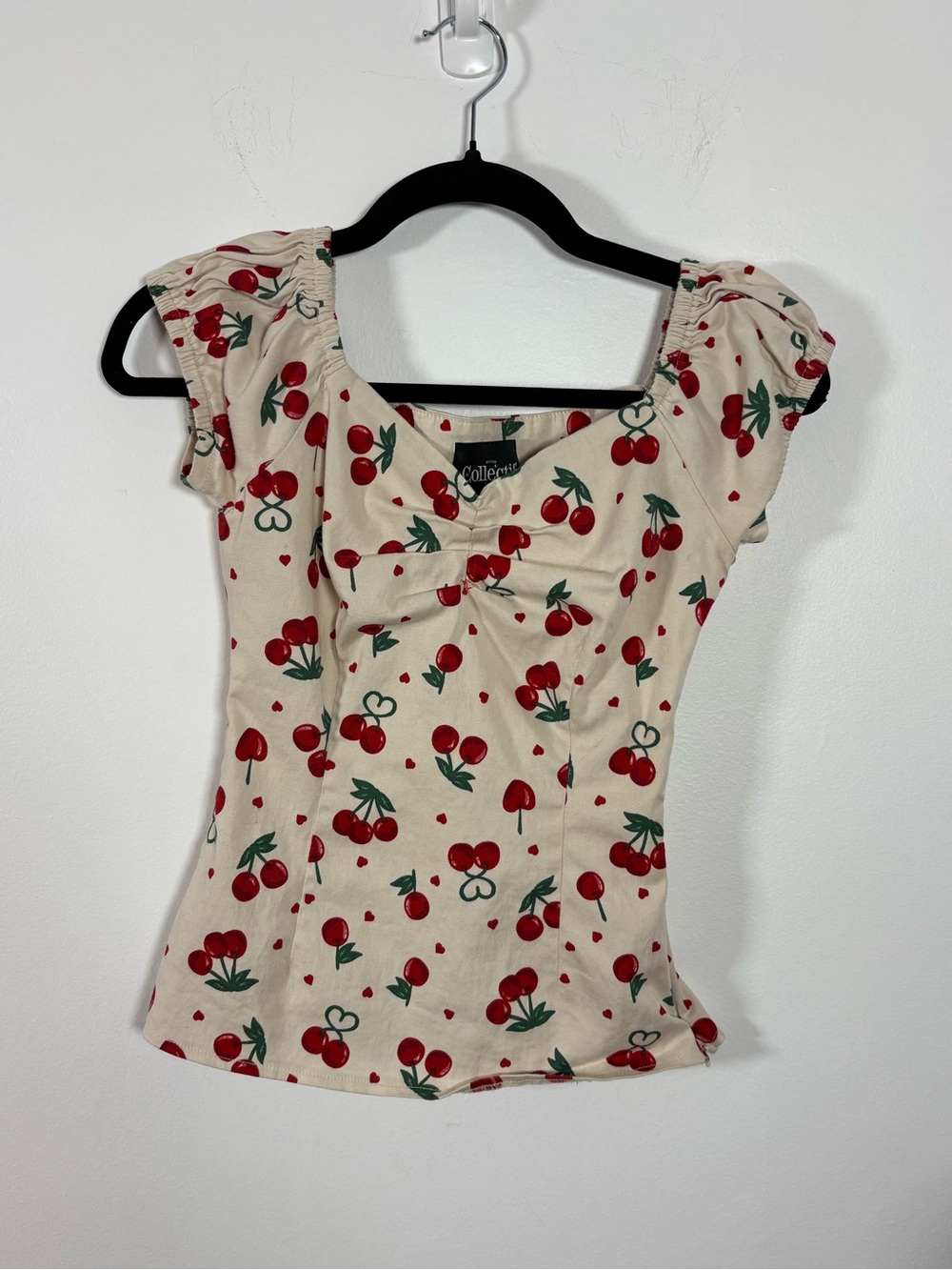 Collectif Cream Cherry-Print Sweetheart Crop Top